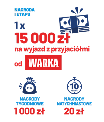 Nagrody II etapu - Natychmiastowe: co 10 minut 20zł, Tygodniowe: 1000zł, Główna: 1x Wyjazd w góry od Żywiec